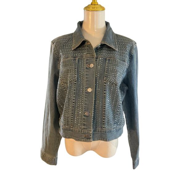 Chico's Platinum Studded Medium Wash Denim Jacket Button Front Large Stretch - Picture 1 of 10